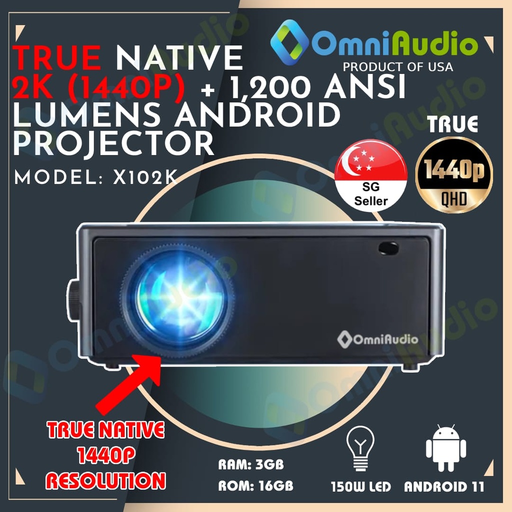 OmniAudio X102K  2K Short Throw Android Projector (14,000 Lumens | 1,200 ANSI Lumens)