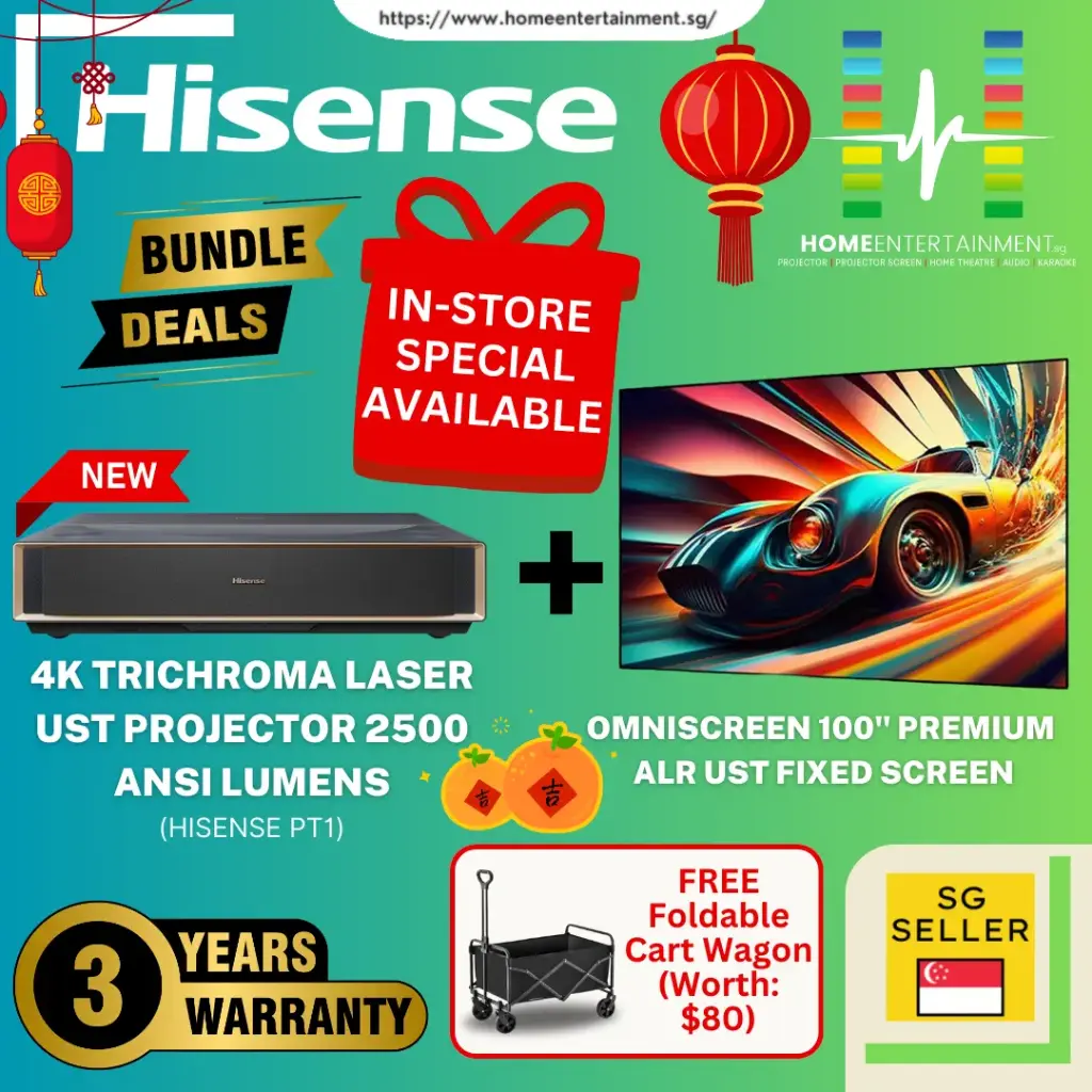 (Hisense PT1 Home Cinema Bundle) Get the Hisense PT1 Ultra Short Throw Laser Projector + 100" Premium ALR UST Fixed Screen In One Exclusive Package Deal. Create Your Very Own Big-Screen Experience — Limited Stocks Available!