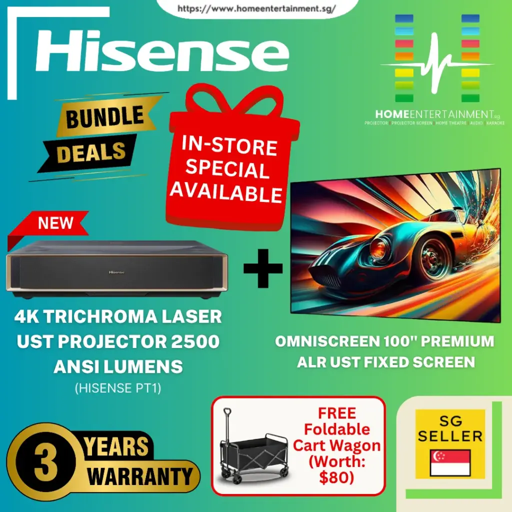 (Hisense PT1 Home Cinema Bundle) Get the Hisense PT1 Ultra Short Throw Laser Projector + 100" Premium ALR UST Fixed Screen In One Exclusive Package Deal. Create Your Very Own Big-Screen Experience — Limited Stocks Available!