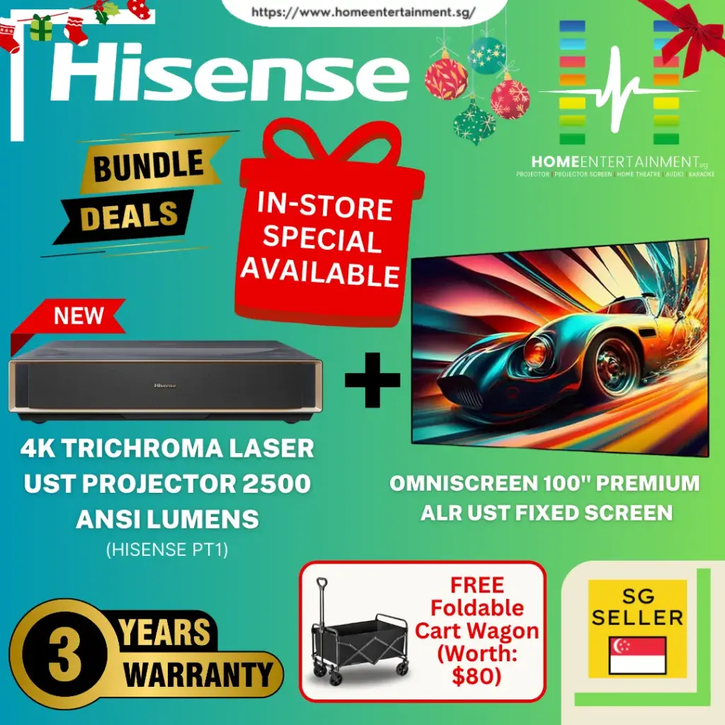 (Hisense PT1 Home Cinema Bundle) Get the Hisense PT1 Ultra Short Throw Laser Projector + 100" Premium ALR UST Fixed Screen In One Exclusive Package Deal. Create Your Very Own Big-Screen Experience — Limited Stocks Available!