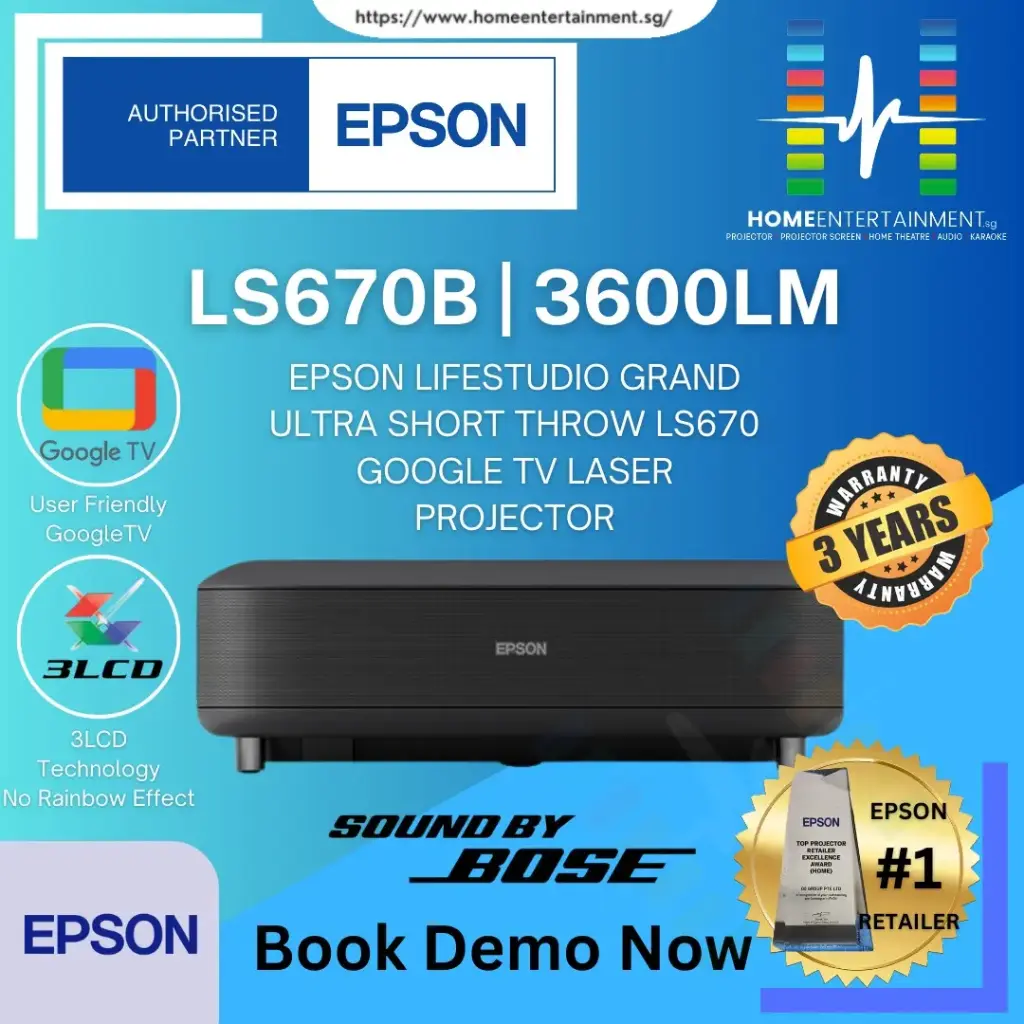 Epson Lifestudio Grand EH-LS670B, Ultra-Short-Throw 4K Smart Laser Projector, 3600 ISO Lumens, Sound by Bose, Google TV, 100–120” Inch Home Cinema - 3 Years Warranty