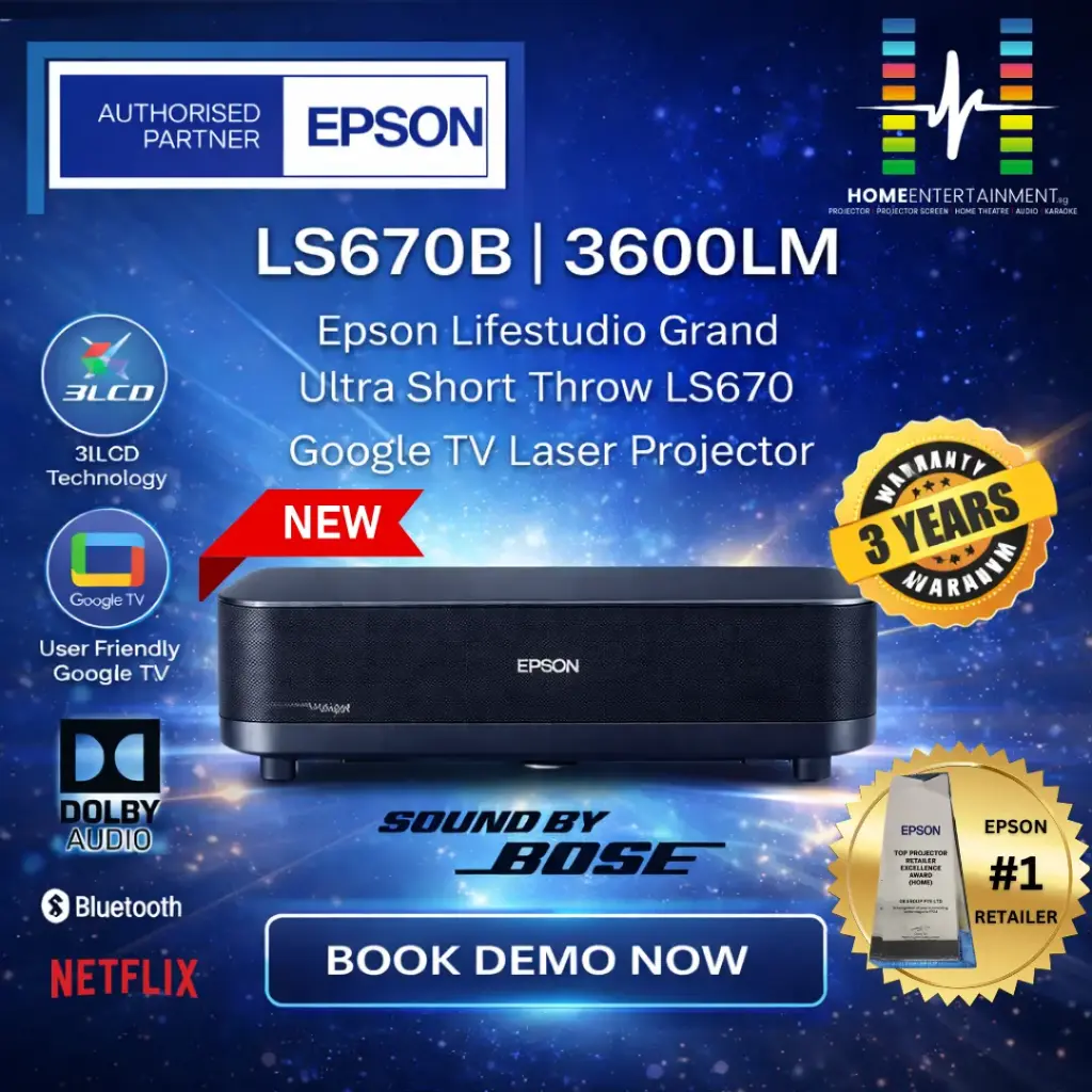 NEW Epson LS670 / LS670 Lifestudio Grand 4K Ultra Short Throw Laser Projector | 3600 ISO Lumens | Google TV Smart Projector | Bose Sound - 3 Years Warranty
