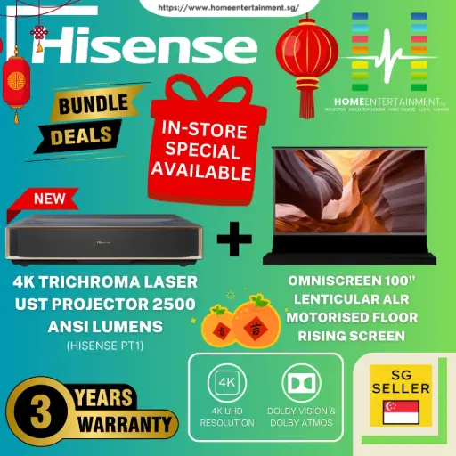 (Hisense PT1 Home Cinema Bundle) Get the Hisense PT1 Ultra Short Throw Laser Projector + 100" Motorised Floor Rising Screen In One Exclusive Package Deal. Create Your Very Own Big-Screen Experience — Limited Stocks Available!