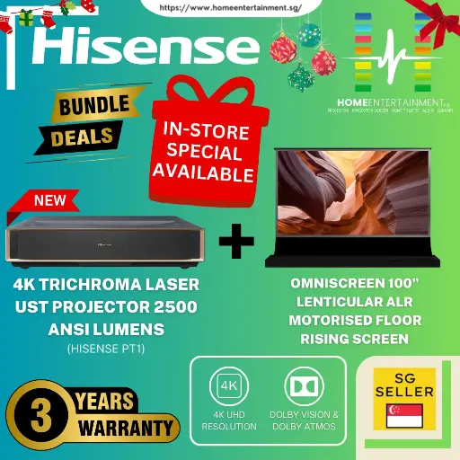 (Hisense PT1 Home Cinema Bundle) Get the Hisense PT1 Ultra Short Throw Laser Projector + 100" Motorised Floor Rising Screen In One Exclusive Package Deal. Create Your Very Own Big-Screen Experience — Limited Stocks Available!