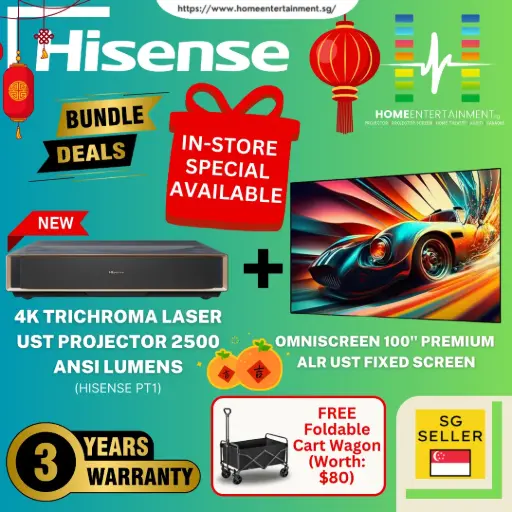 (Hisense PT1 Home Cinema Bundle) Get the Hisense PT1 Ultra Short Throw Laser Projector + 100" Premium ALR UST Fixed Screen In One Exclusive Package Deal. Create Your Very Own Big-Screen Experience — Limited Stocks Available!