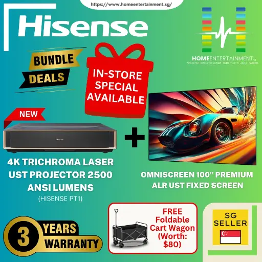 (Hisense PT1 Home Cinema Bundle) Get the Hisense PT1 Ultra Short Throw Laser Projector + 100" Premium ALR UST Fixed Screen In One Exclusive Package Deal. Create Your Very Own Big-Screen Experience — Limited Stocks Available!