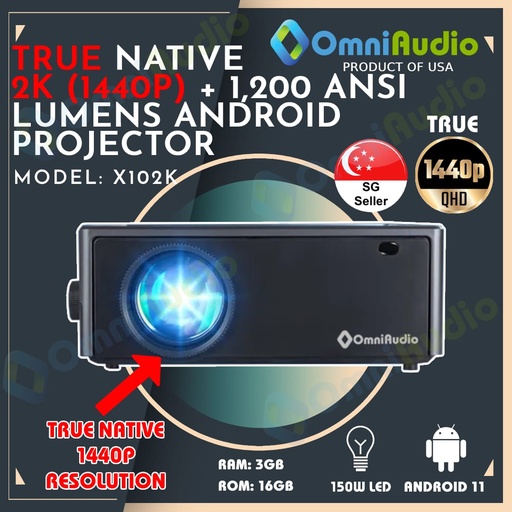 OmniAudio X102K  2K Short Throw Android Projector (14,000 Lumens | 1,200 ANSI Lumens)